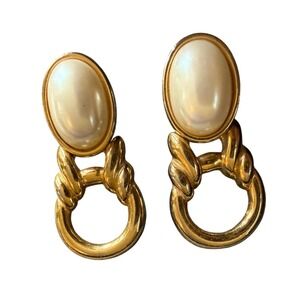 Marvella Vintage Signed Gold Tone Faux Pearl Cabochon Clip On Earrings Statement